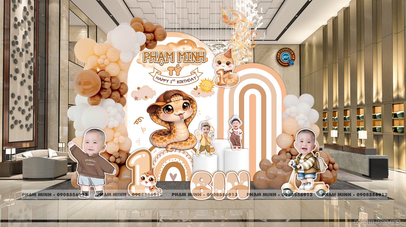 File thiết kế sinh nhật bé trai 1 tuổi rắn tỵ decor trang trí bong bóng chibi tone nâu cute dễ thương đáng yêu
