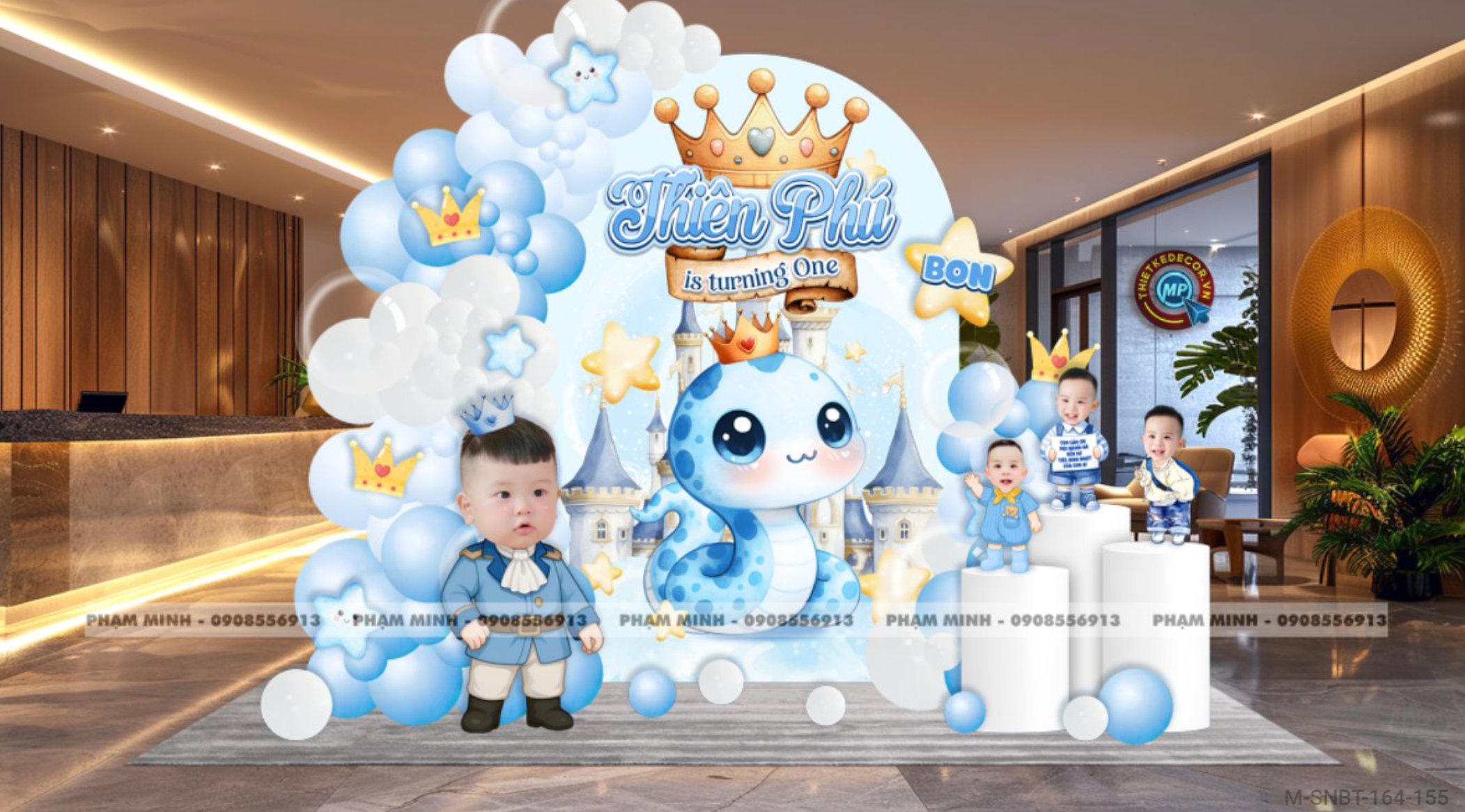 File thiết kế sinh nhật bé trai 1 tuổi rắn tỵ decor trang trí bong bóng tone xanh da trời cute dễ thương đáng yêu