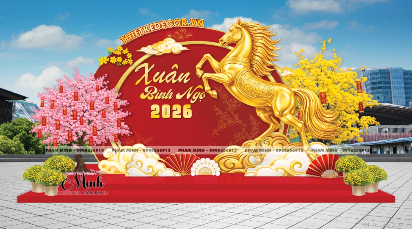 File thiết kế trang trí Tết 2026 Xuân Bính Ngọ decor tiểu cảnh không gian chụp ảnh checkin cho Sảnh chung cư, Nhà hàng, khách sạn, trường học, quán cà phê sang trọng, đẹp mắt.