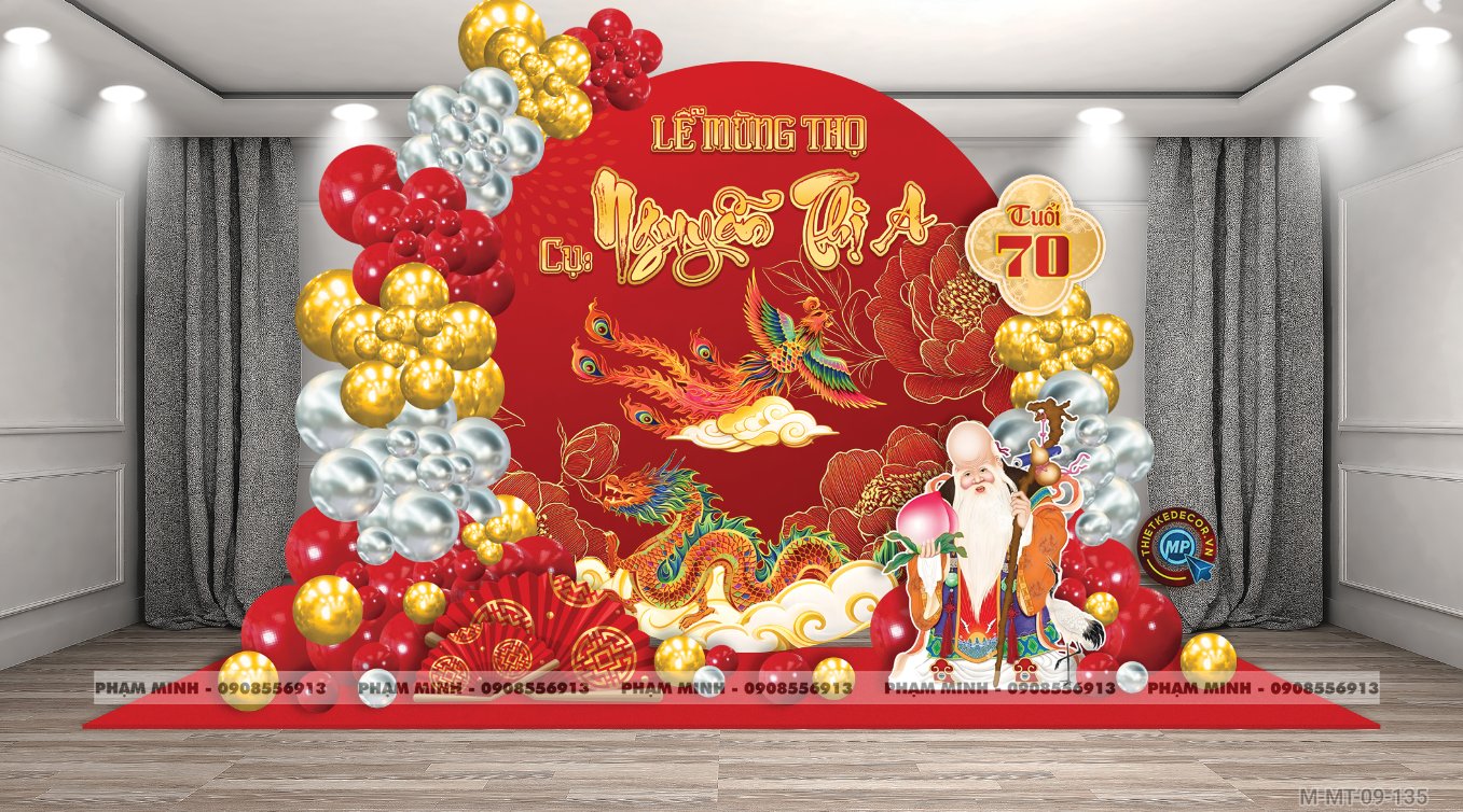 File thiết kế trang trí tiệc mừng thọ decor bong bóng  Lễ mừng thọ tuổi 60 70 80 90 sang trọng tone đỏ vàng
