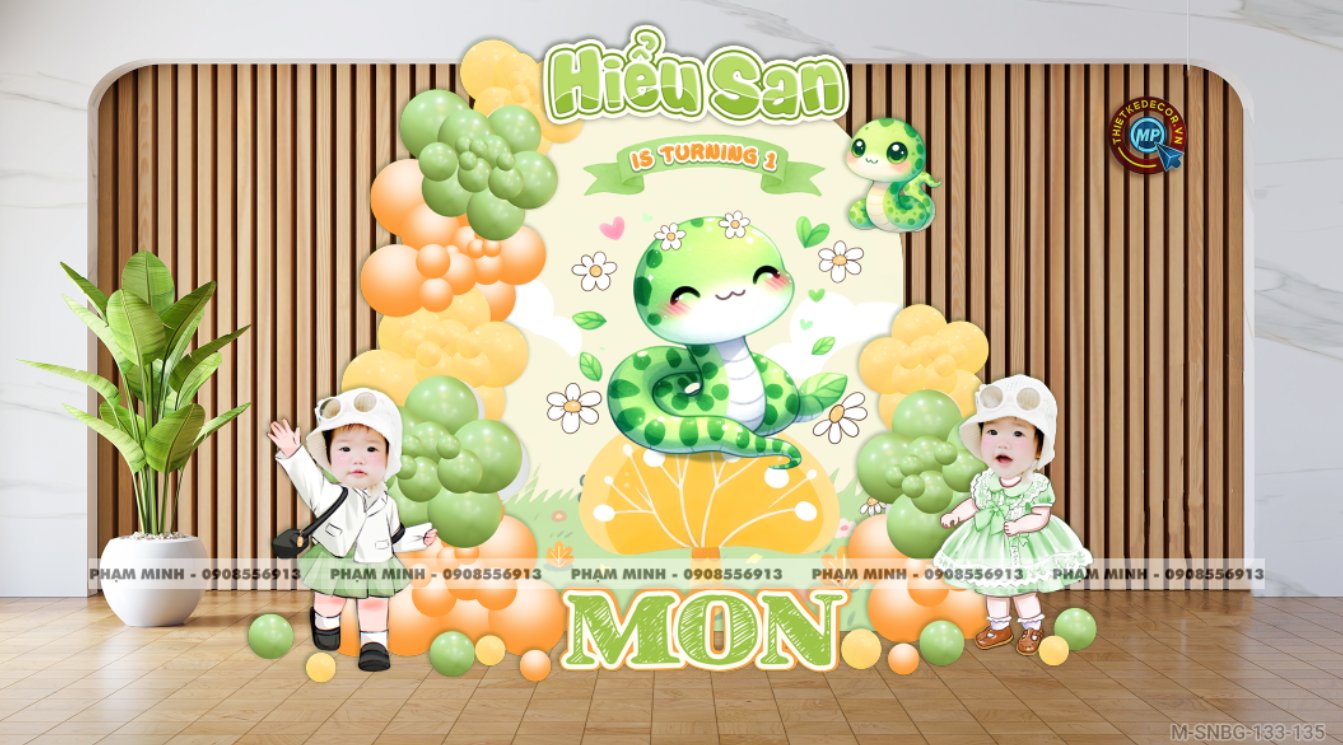 File thiết kế sinh nhật bé gái 1 tuổi rắn tỵ tone mix xanh lá cam vàng  decor trang trí bong bóng đáng yêu dễ thương sang trọng