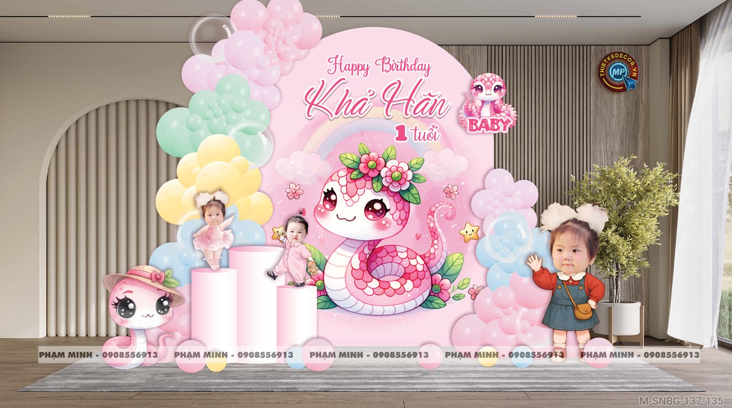 File thiết kế sinh nhật bé gái 1 tuổi rắn tỵ tone hồng decor trang trí bong bóng đáng yêu dễ thương sang trọng