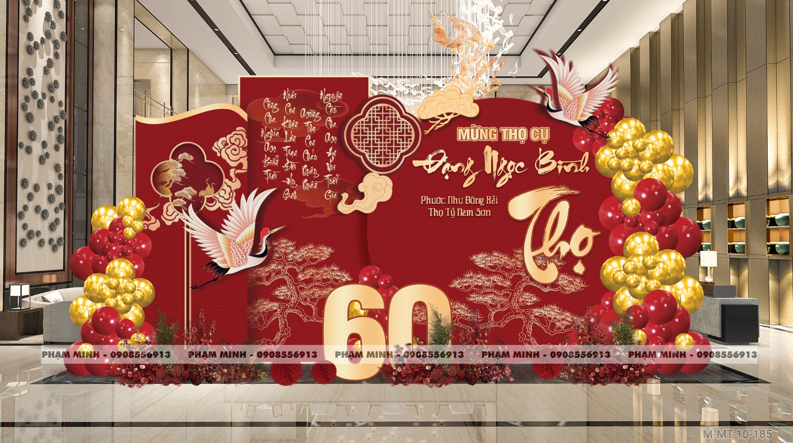 File thiết kế trang trí tiệc mừng thọ decor bong bóng Lễ mừng thọ tuổi 60 70 80 90 sang trọng tone đỏ vàng