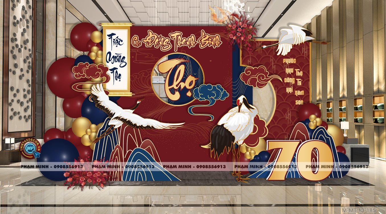 File thiết kế trang trí tiệc mừng thọ decor bong bóng Lễ mừng thọ tuổi 60 70 80 90 sang trọng tone đỏ xanh vàng