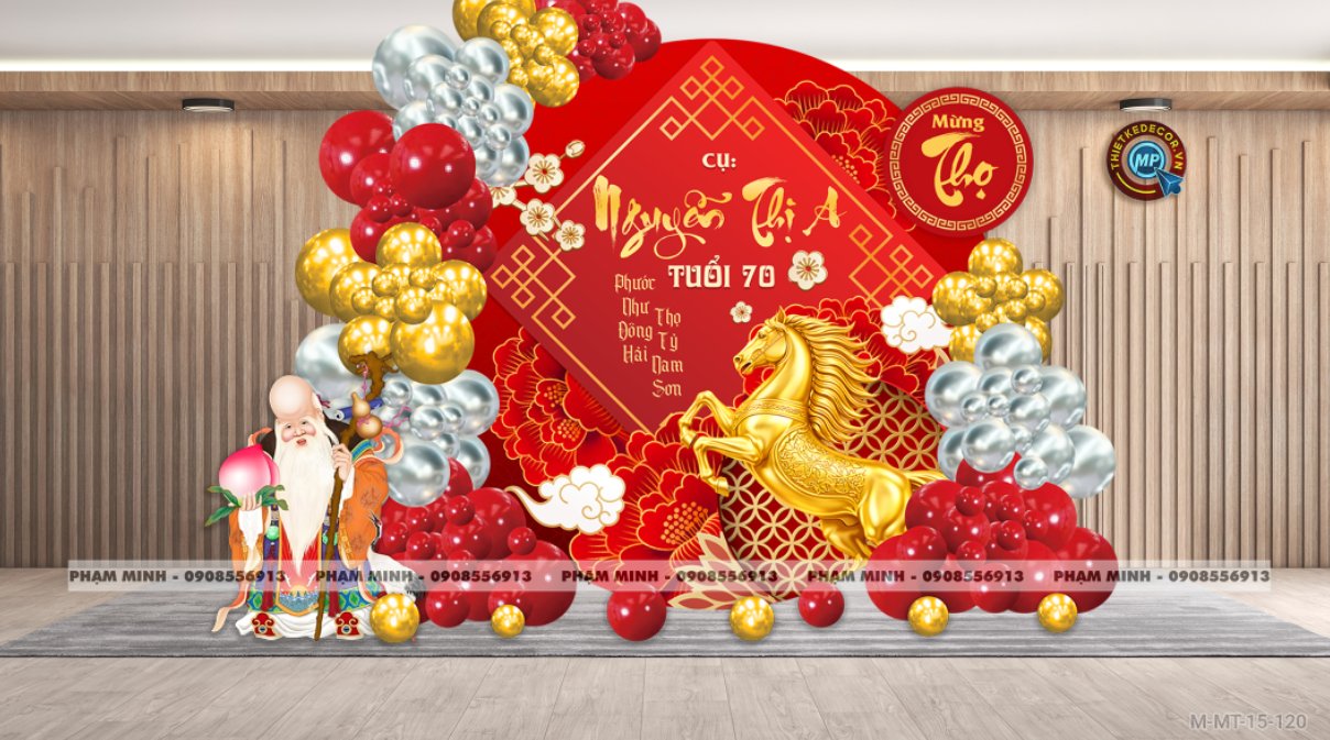 File thiết kế trang trí tiệc mừng thọ decor bong bóng Lễ mừng thọ tuổi 60 70 80 90 sang trọng tone đỏ bạc vàng