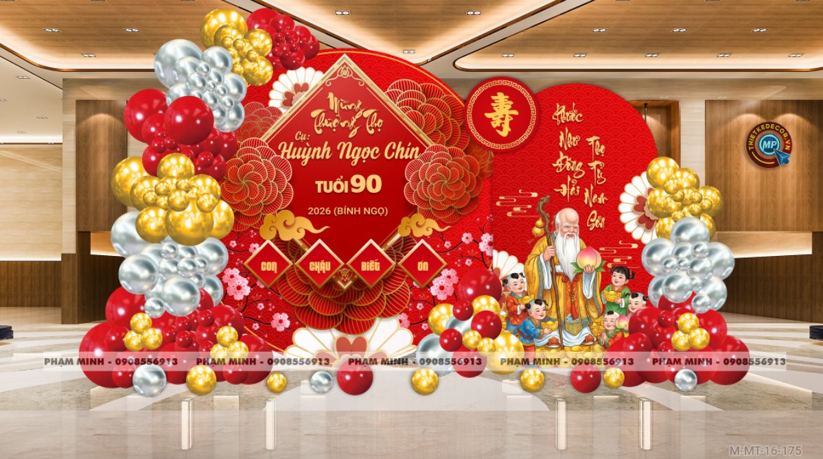 File thiết kế trang trí tiệc mừng thọ decor bong bóng Lễ mừng thọ tuổi 60 70 80 90 sang trọng tone đỏ bạc vàng