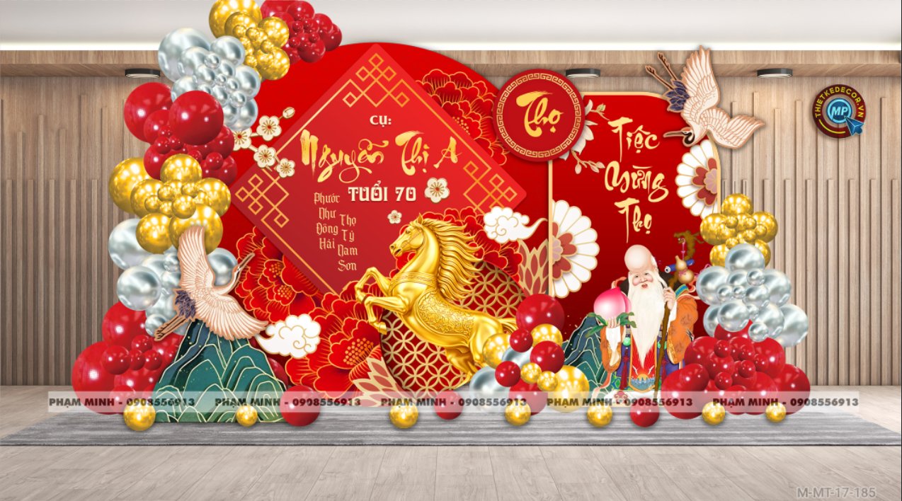 File thiết kế trang trí tiệc mừng thọ decor bong bóng Lễ mừng thọ tuổi 60 70 80 90 sang trọng tone đỏ bạc vàng