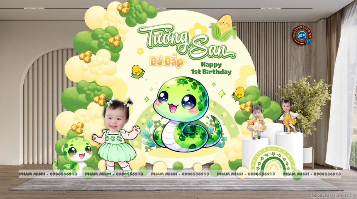 File thiết kế sinh nhật bé gái 1 tuổi rắn tỵ tone xanh lá mix vàng decor trang trí bong bóng đáng yêu dễ thương sang trọng