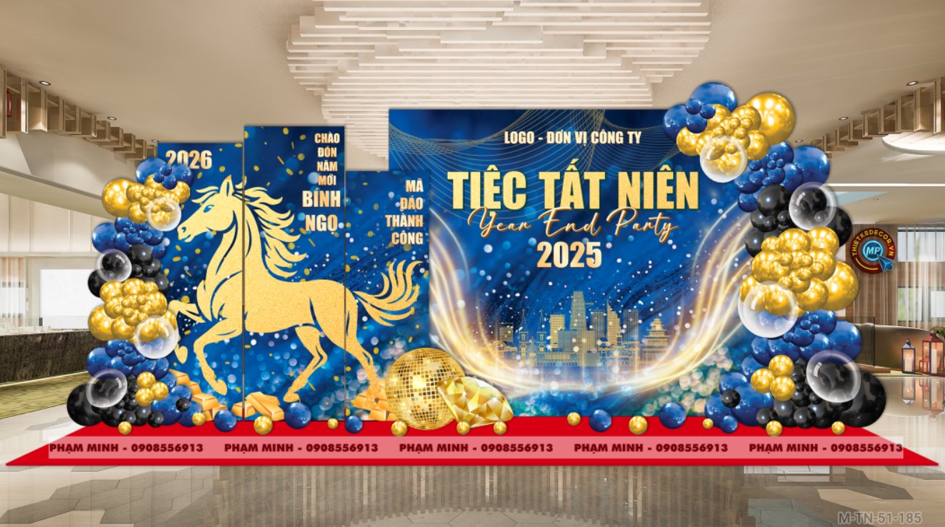 File thiết kế tiệc Tất niên 2025, Year End Party 2025 tone xanh dương luxury trang trí bong bóng căng bạt sang trọng cho công ty.