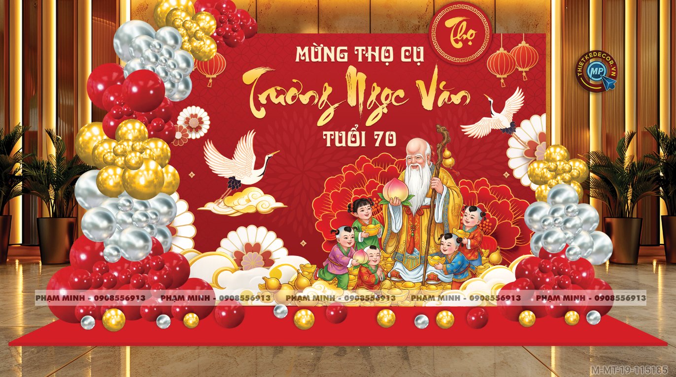 File thiết kế trang trí tiệc mừng thọ decor bong bóng Lễ mừng thọ tuổi 60 70 80 90 sang trọng tone đỏ bạc vàng