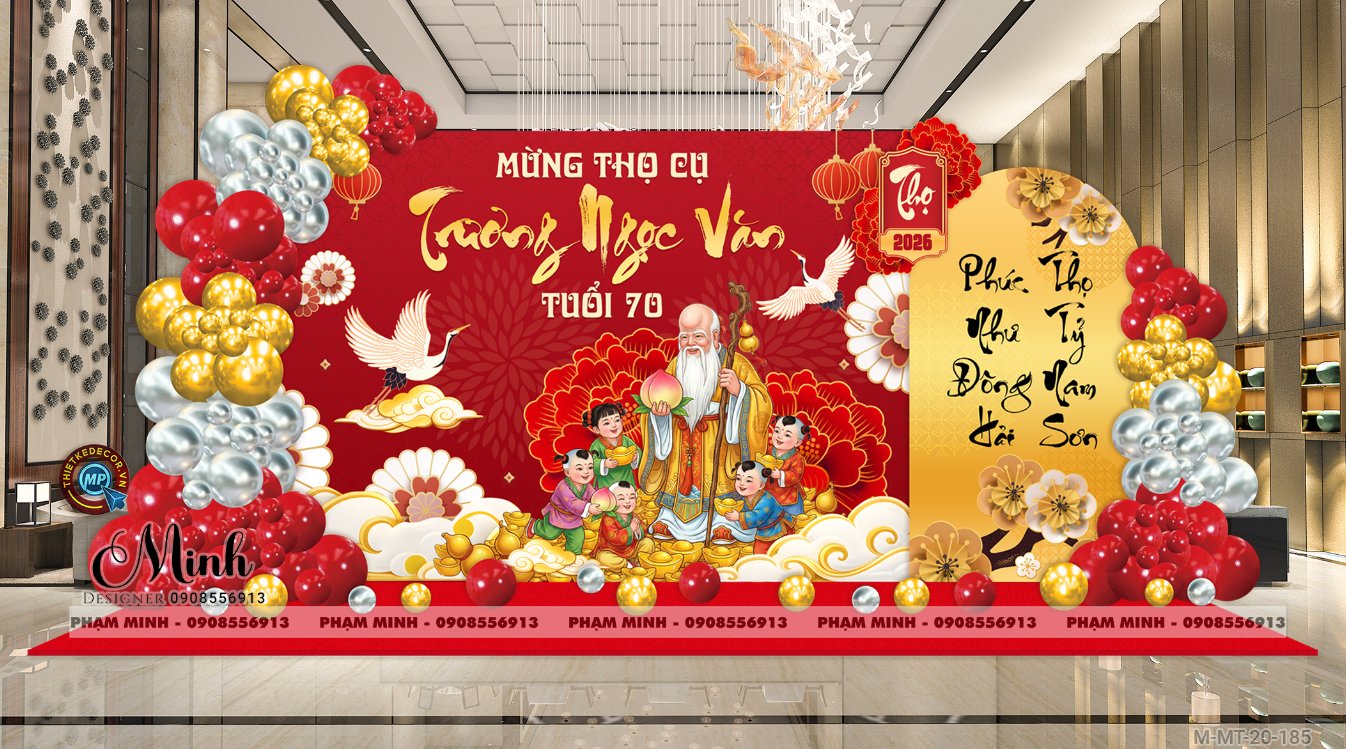 File thiết kế trang trí tiệc mừng thọ decor bong bóng Lễ mừng thọ tuổi 60 70 80 90 sang trọng tone đỏ bạc vàng