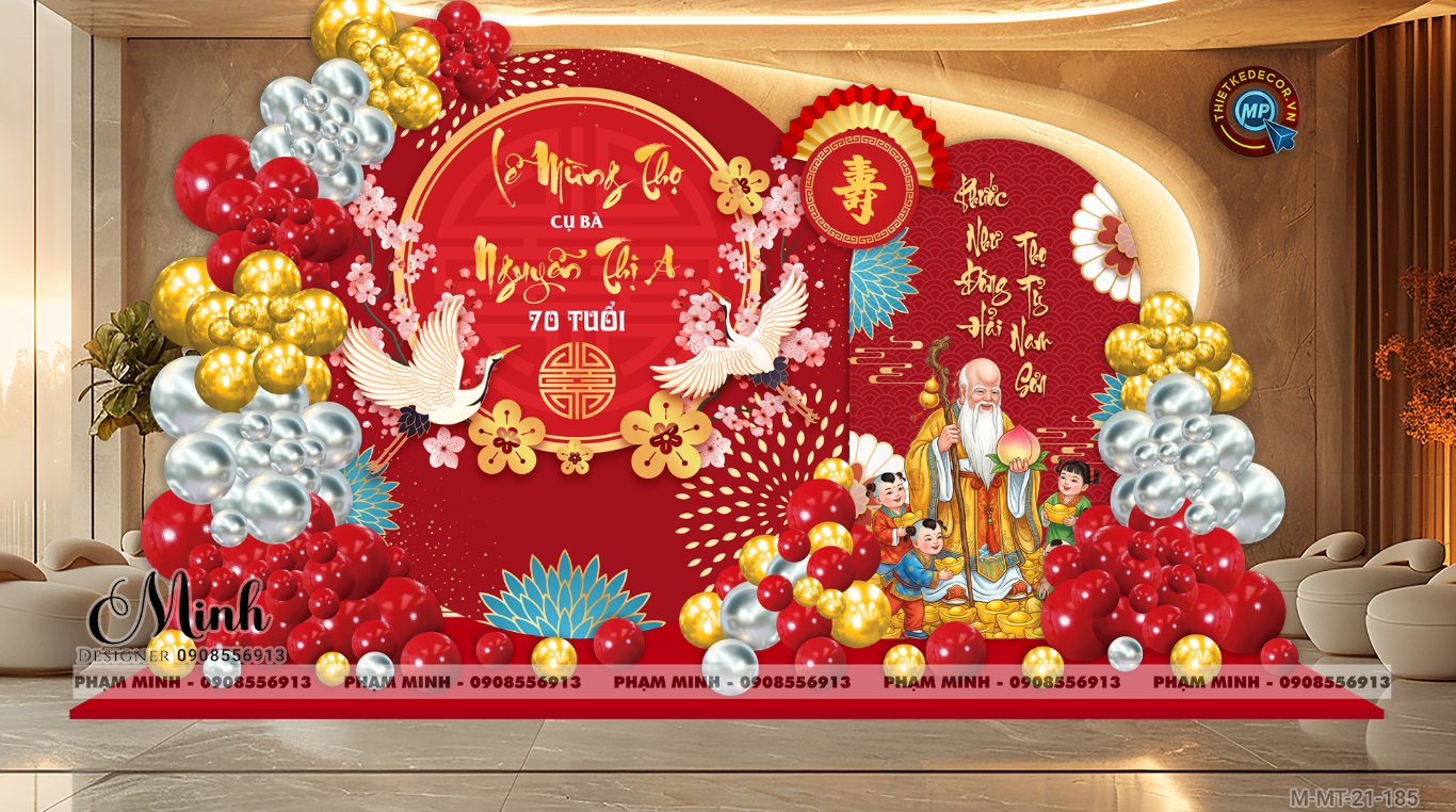 File thiết kế trang trí tiệc mừng thọ decor bong bóng Lễ mừng thọ tuổi 60 70 80 90 sang trọng tone đỏ bạc vàng
