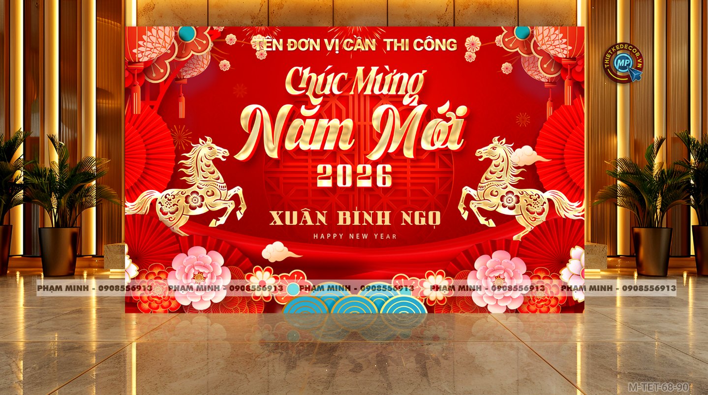 File thiết kế Background căng bạt chúc mưng năm mới tết Bính ngọ 2026 cho nhà hàng, quán ăn, ủy ban phường, cơ quan, chung cư trang trí tiểu cảnh tết.