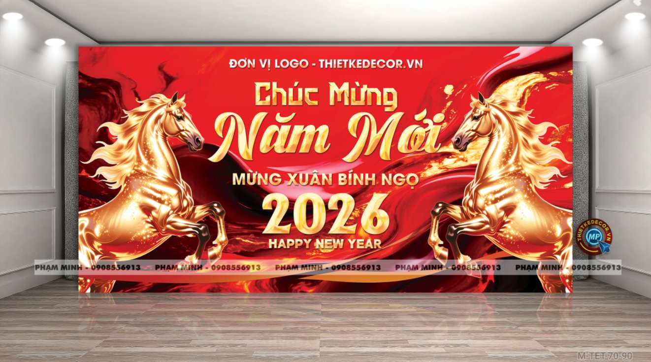 File thiết kế Background căng bạt chúc mưng năm mới tết Bính ngọ 2026 cho nhà hàng, quán ăn, ủy ban phường, cơ quan, chung cư trang trí tiểu cảnh tết.