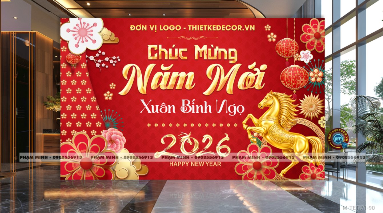 File thiết kế Background căng bạt chúc mưng năm mới tết Bính ngọ 2026 cho nhà hàng, quán ăn, ủy ban phường, cơ quan, chung cư trang trí tiểu cảnh tết.