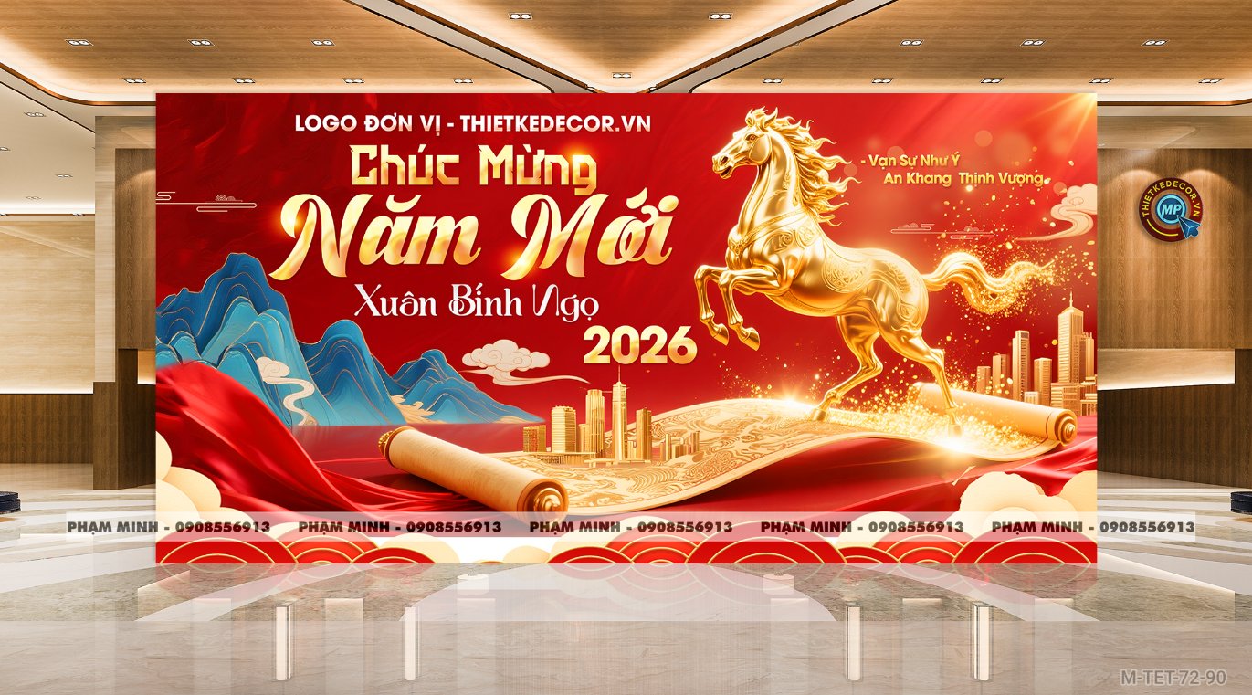 File thiết kế Background căng bạt chúc mưng năm mới tết Bính ngọ 2026 cho nhà hàng, quán ăn, ủy ban phường, cơ quan, chung cư trang trí tiểu cảnh tết.