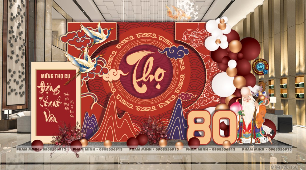 File thiết kế trang trí tiệc mừng thọ decor bong bóng Lễ mừng thọ tuổi 60 70 80 90 sang trọng tone đỏ bạc vàng