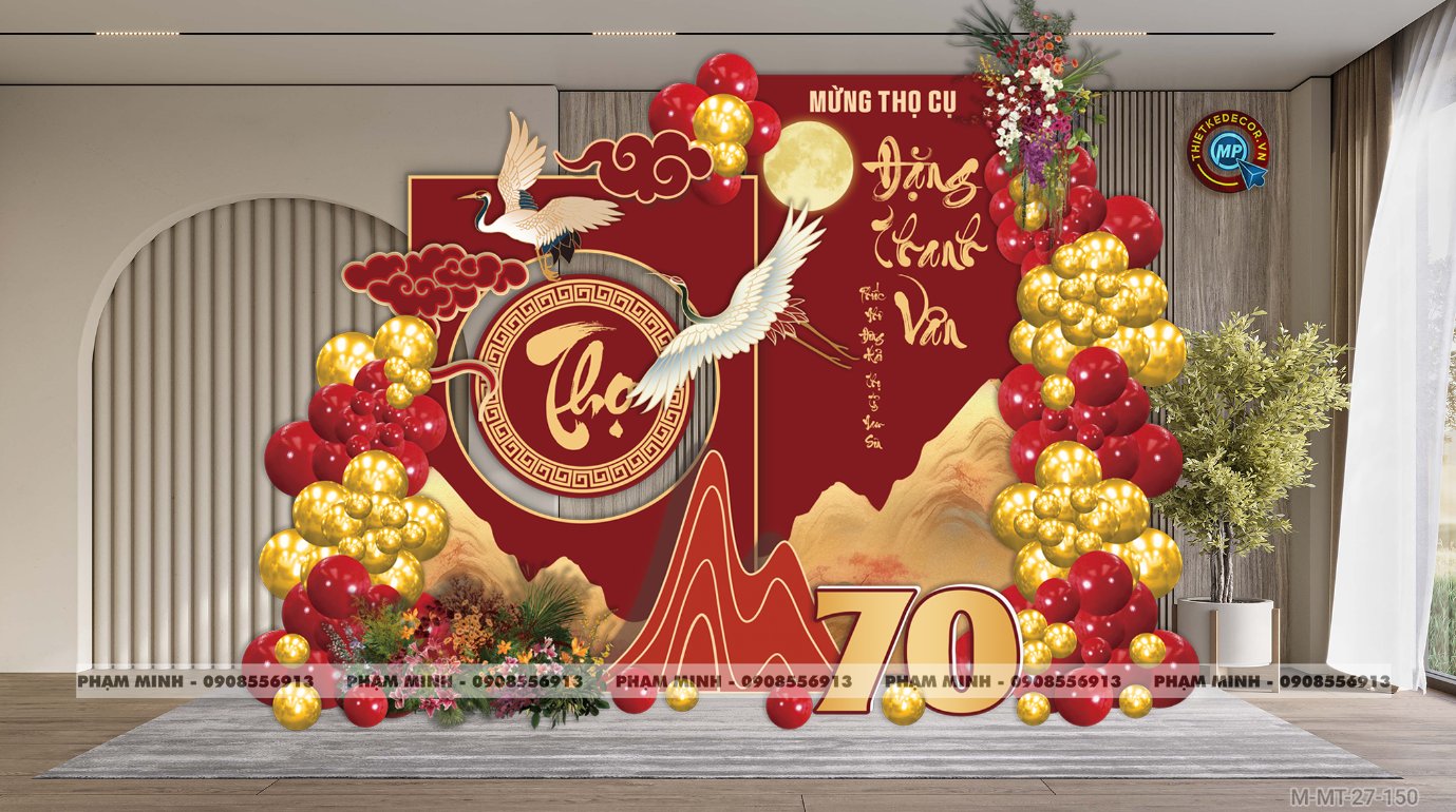 File thiết kế trang trí tiệc mừng thọ decor bong bóng Lễ mừng thọ tuổi 60 70 80 90 sang trọng tone đỏ bạc vàng