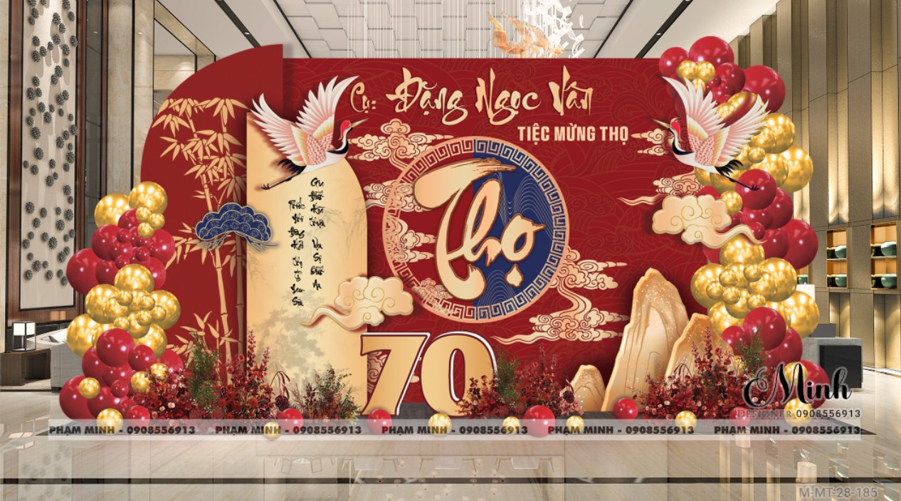 File thiết kế trang trí tiệc mừng thọ decor bong bóng Lễ mừng thọ tuổi 60 70 80 90 sang trọng tone đỏ bạc vàng