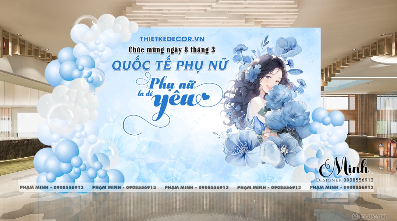 File thiết kế trang trí decor chúc chào mừng ngày Quốc tế Phụ nữ 8 tháng 3 tone xanh dương blue đẹp sang trọng cho Ngân hàng, công ty, nhà hàng, sảnh chung cư, trường học, quán cà phê...