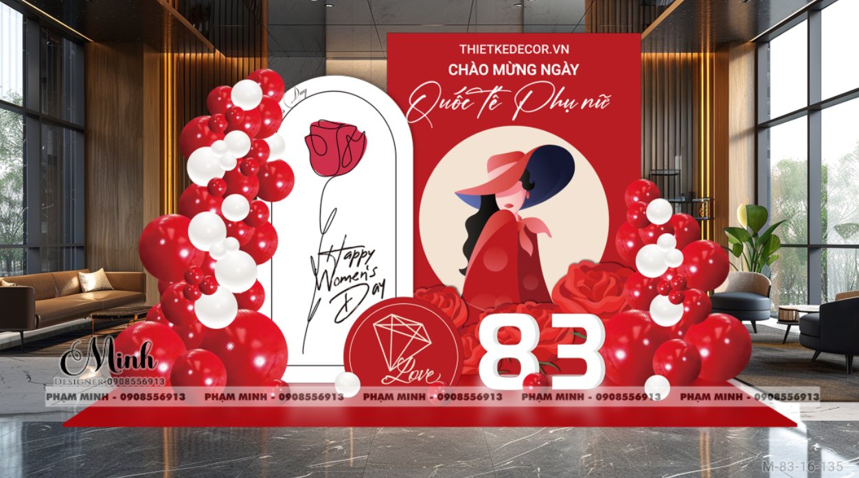 File thiết kế trang trí decor chúc chào mừng ngày Quốc tế Phụ nữ 8 tháng 3 tone đỏ đẹp sang trọng cho Ngân hàng, công ty, nhà hàng, sảnh chung cư, trường học, quán cà phê...