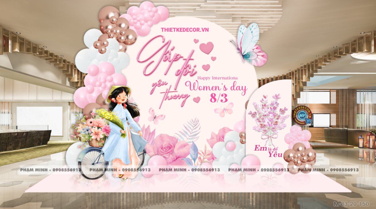 File thiết kế trang trí decor chúc chào mừng ngày Quốc tế Phụ nữ 8 tháng 3 tone hồng đẹp sang trọng cho Ngân hàng, công ty, nhà hàng, sảnh chung cư, trường học, quán cà phê...