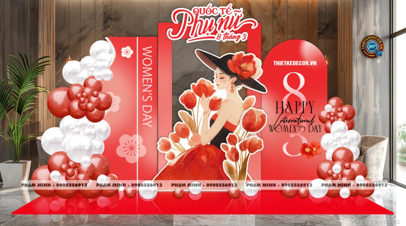 File thiết kế trang trí decor chúc chào mừng ngày Quốc tế Phụ nữ 8 tháng 3 tone đỏ đẹp sang trọng cho Ngân hàng, công ty, nhà hàng, sảnh chung cư, trường học, quán cà phê...