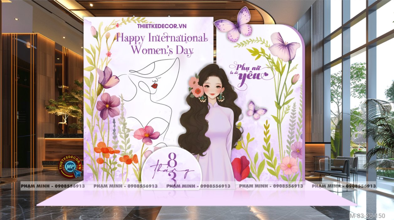File thiết kế trang trí decor chúc chào mừng ngày Quốc tế Phụ nữ 8 tháng 3 tone tím đẹp sang trọng cho Ngân hàng, công ty, nhà hàng, sảnh chung cư, trường học, quán cà phê...