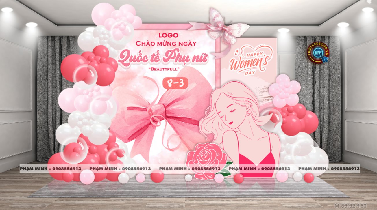 File thiết kế trang trí decor chúc chào mừng ngày Quốc tế Phụ nữ 8 tháng 3 tone hồng đẹp sang trọng cho Ngân hàng, công ty, nhà hàng, sảnh chung cư, trường học, quán cà phê...