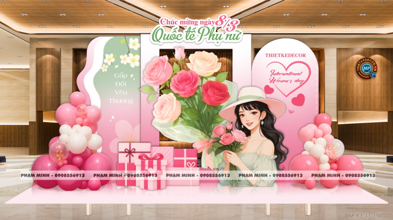 File thiết kế trang trí decor chúc chào mừng ngày Quốc tế Phụ nữ 8 tháng 3 tone hồng đẹp sang trọng cho Ngân hàng, công ty, nhà hàng, sảnh chung cư, trường học, quán cà phê...