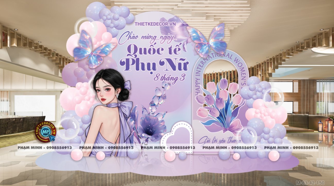File thiết kế trang trí decor chúc chào mừng ngày Quốc tế Phụ nữ 8 tháng 3 tone tím đẹp sang trọng cho Ngân hàng, công ty, nhà hàng, sảnh chung cư, trường học, quán cà phê...