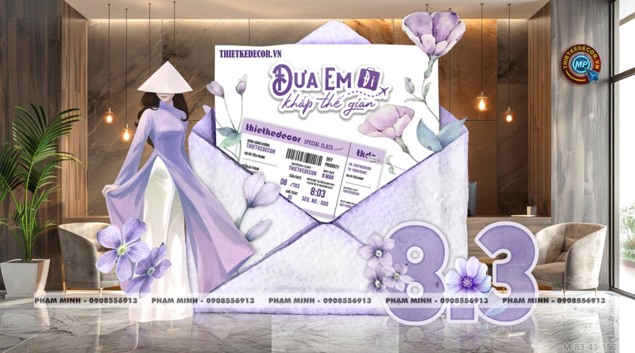 File thiết kế trang trí decor chúc chào mừng ngày Quốc tế Phụ nữ 8 tháng 3 tone tím đẹp sang trọng cho Ngân hàng, công ty, nhà hàng, sảnh chung cư, trường học, quán cà phê...
