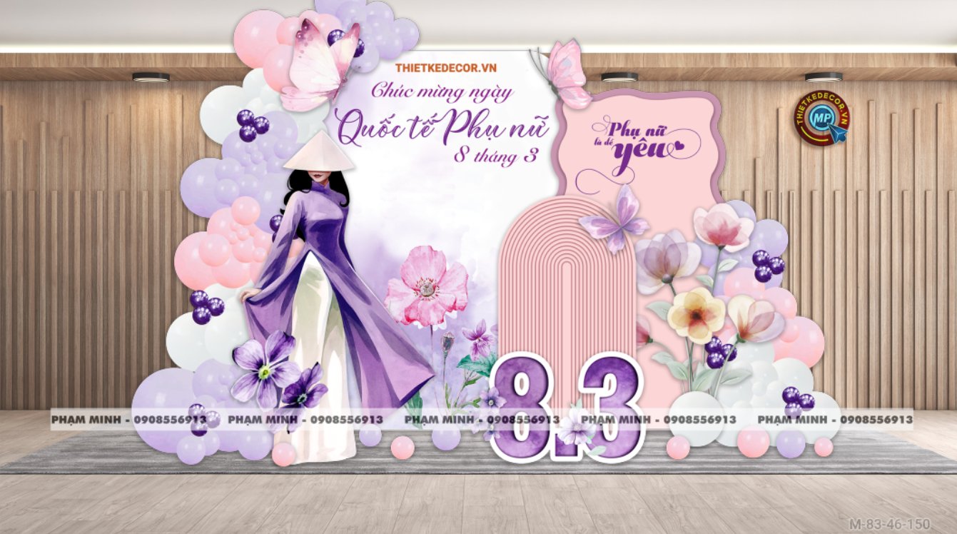 File thiết kế trang trí decor chúc chào mừng ngày Quốc tế Phụ nữ 8 tháng 3 tone tím đẹp sang trọng cho Ngân hàng, công ty, nhà hàng, sảnh chung cư, trường học, quán cà phê...