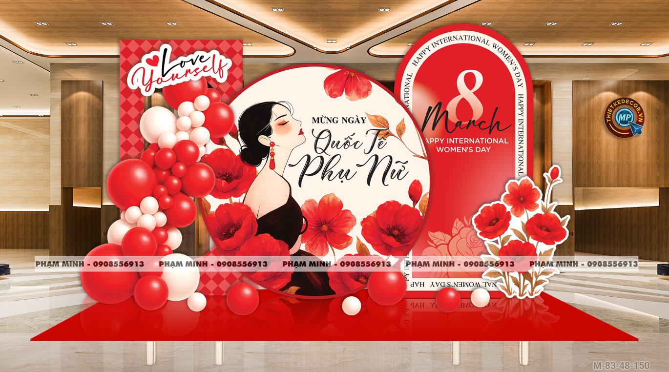 File thiết kế trang trí decor chúc chào mừng ngày Quốc tế Phụ nữ 8 tháng 3 tone đỏ đẹp sang trọng cho Ngân hàng, công ty, nhà hàng, sảnh chung cư, trường học, quán cà phê...