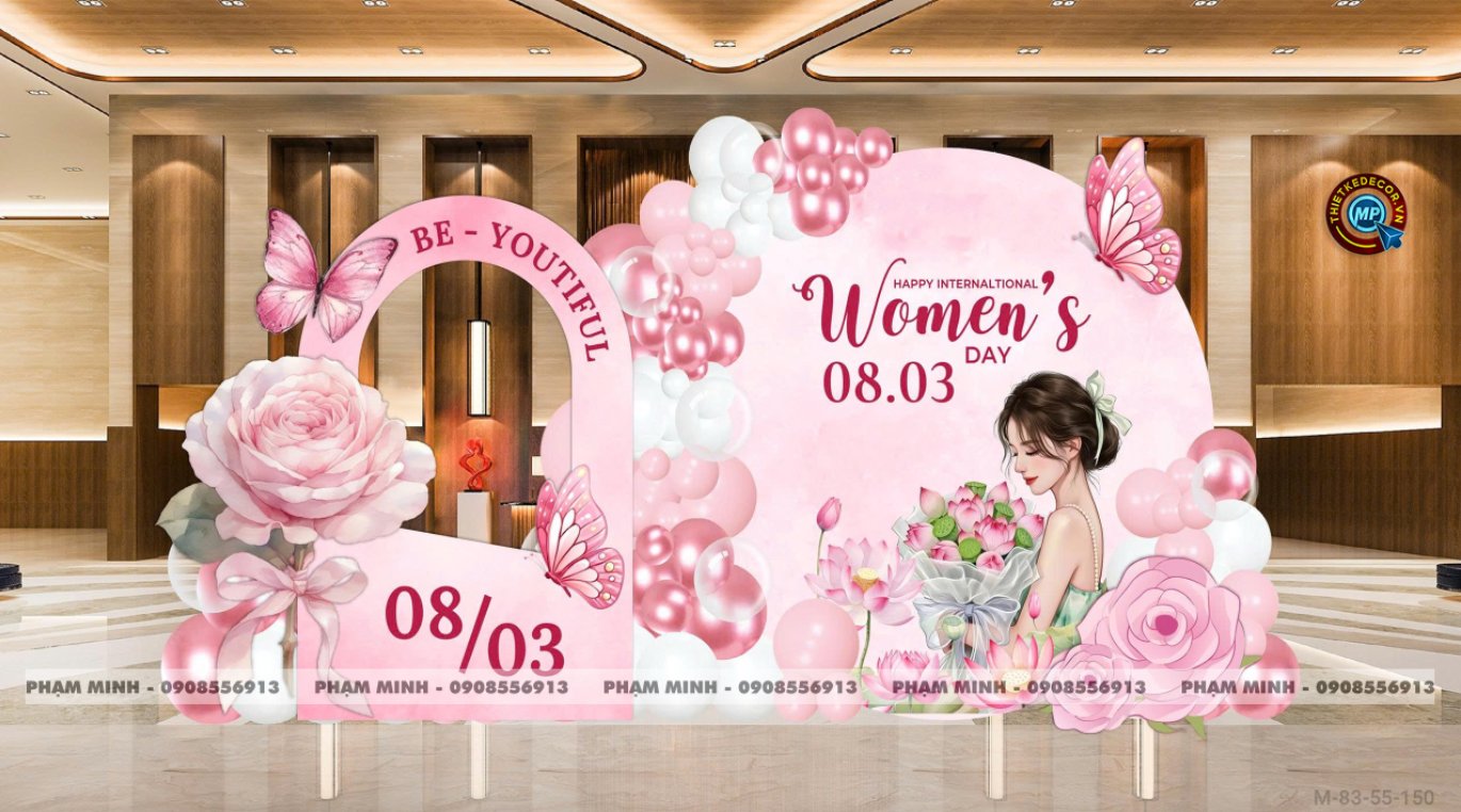 File thiết kế trang trí decor chúc chào mừng ngày Quốc tế Phụ nữ 8 tháng 3 tone hồng đẹp sang trọng cho Ngân hàng, công ty, nhà hàng, sảnh chung cư, trường học, quán cà phê...