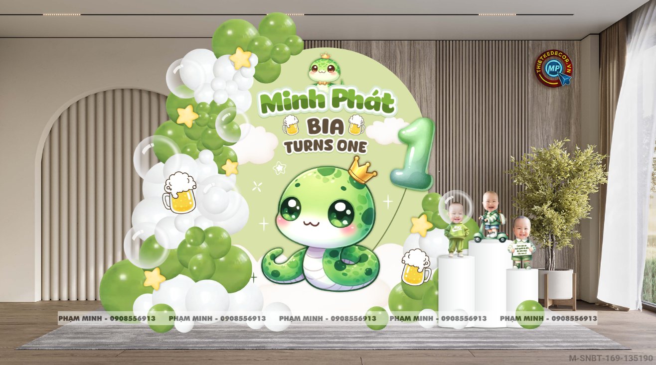 File thiết kế sinh nhật bé trai 1 tuổi rắn tỵ decor trang trí bong bóng tone xanh lá cute dễ thương đáng yêu