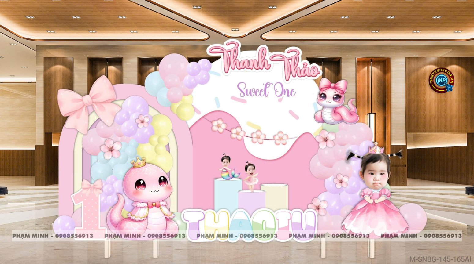 File thiết kế sinh nhật bé gái 1 tuổi rắn tỵ tone hồng decor trang trí bong bóng chủ đề công chúa lâu đài đáng yêu dễ thương sang trọng
