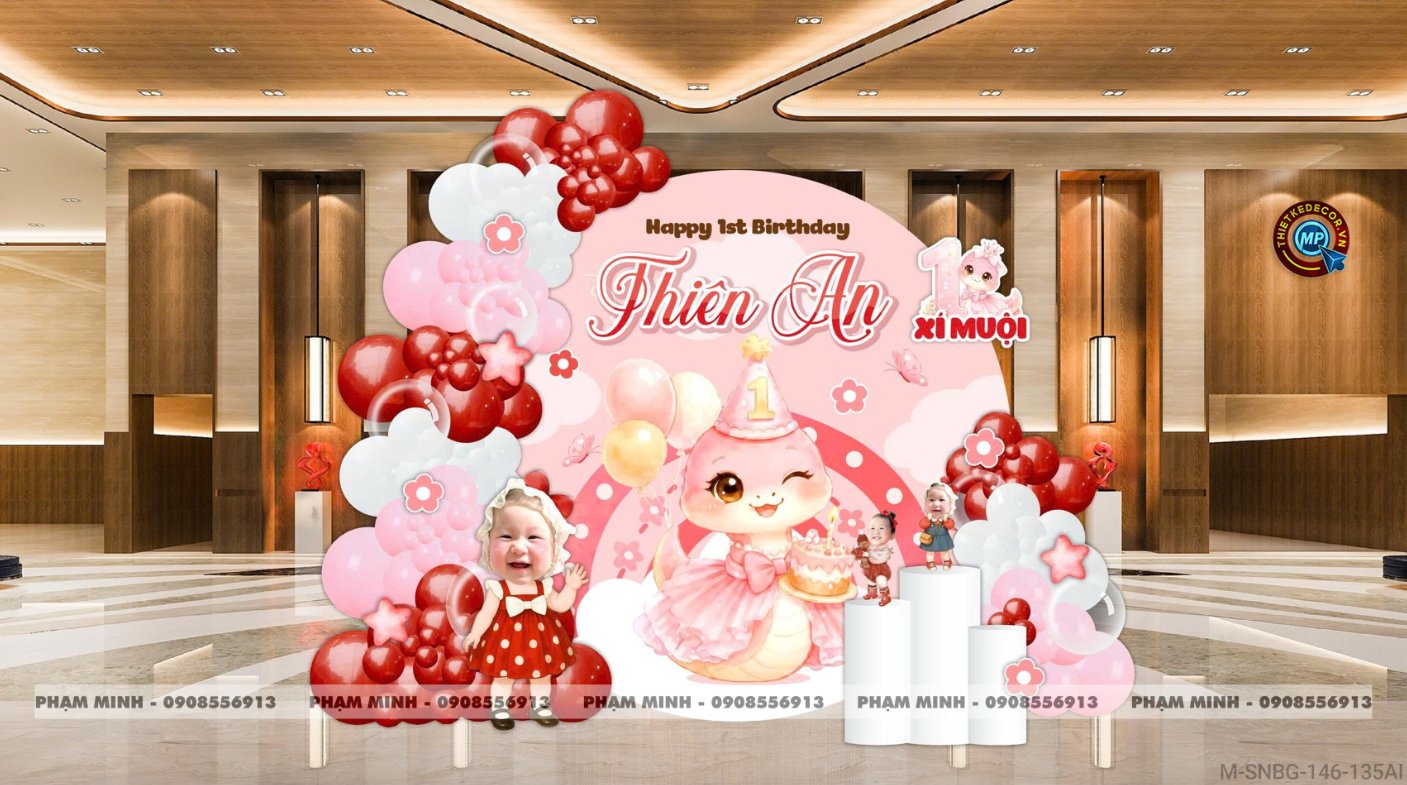 File thiết kế sinh nhật bé trai 1 tuổi rắn tỵ decor trang trí bong bóng tone đỏ cute dễ thương đáng yêu