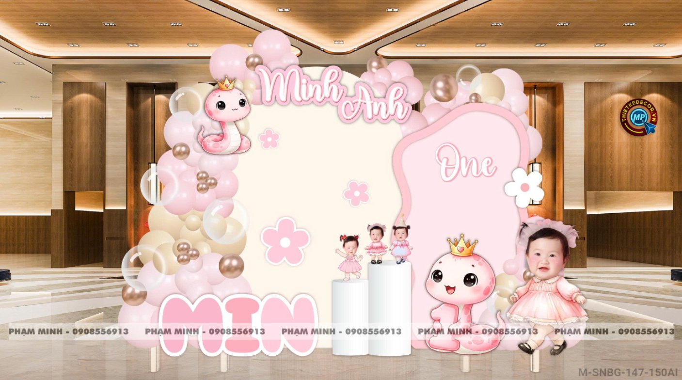 File thiết kế sinh nhật bé gái 1 tuổi rắn tỵ tone hồng decor trang trí bong bóng chủ đề công chúa lâu đài đáng yêu dễ thương sang trọng