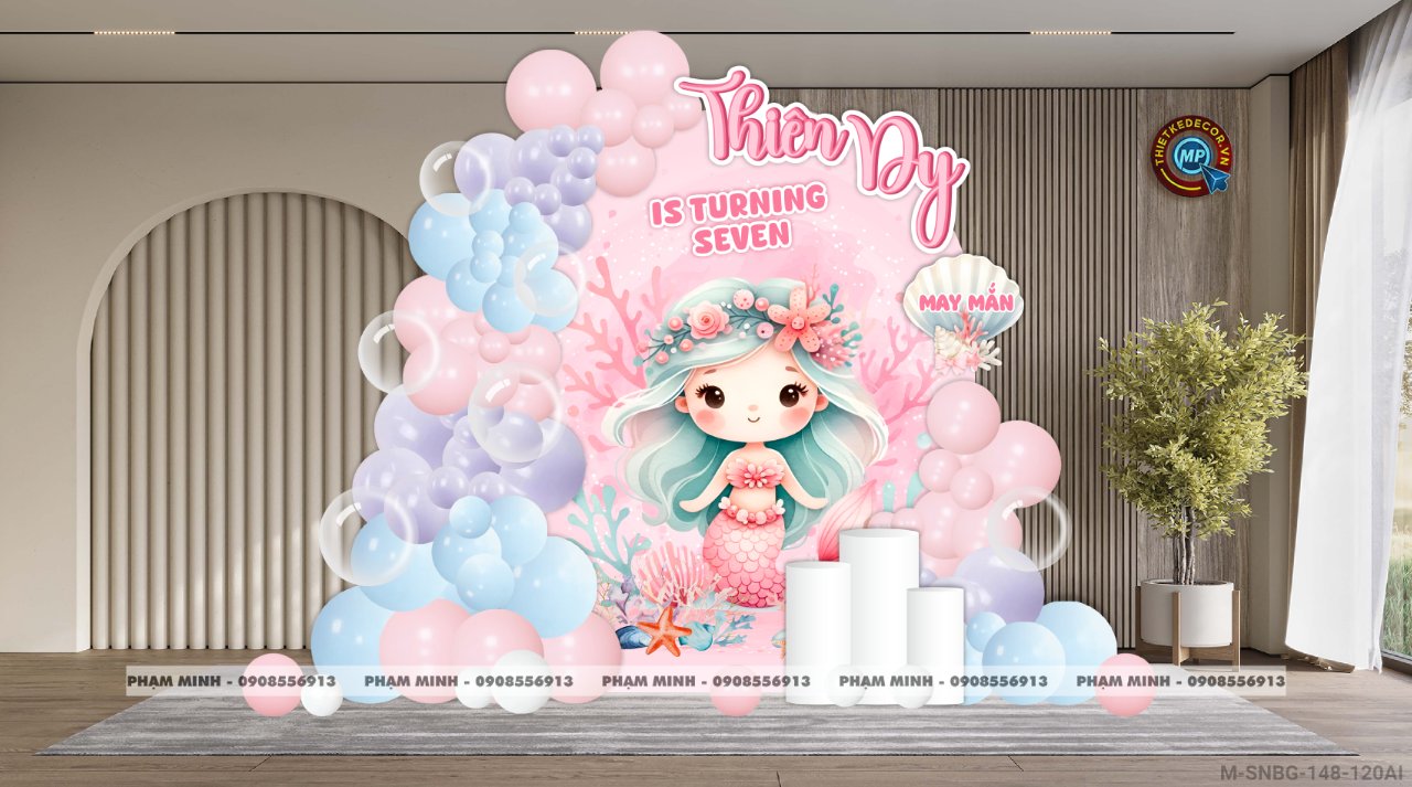 File thiết kế sinh nhật bé chủ đề tiên cá decor trang trí bong bóng tone pastel cute dễ thương đáng yêu