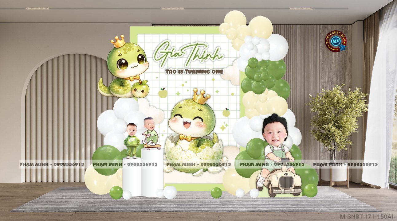 File thiết kế sinh nhật bé trai 1 tuổi rắn tỵ decor trang trí bong bóng tone xanh lá cute dễ thương đáng yêu
