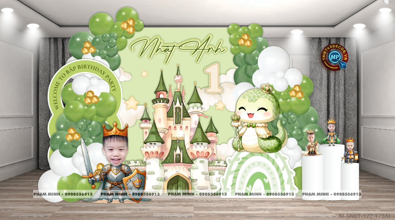 File thiết kế sinh nhật bé trai 1 tuổi rắn tỵ decor trang trí bong bóng chủ đề hoàng tử tone xanh lá cute dễ thương đáng yêu