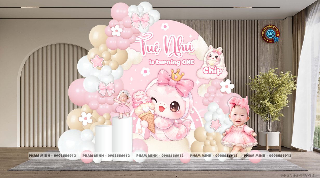 File thiết kế sinh nhật bé gái 1 tuổi rắn tỵ tone hồng decor trang trí bong bóng  đáng yêu dễ thương sang trọng