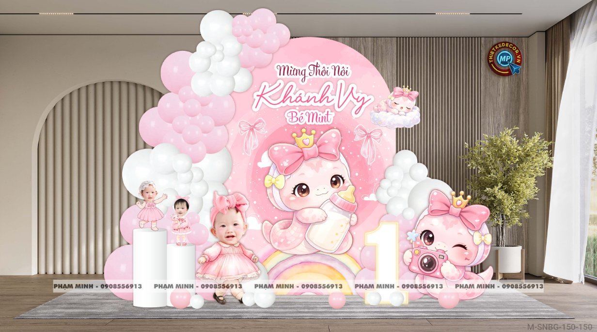 File thiết kế sinh nhật bé gái 1 tuổi rắn tỵ tone hồng decor trang trí bong bóng đáng yêu dễ thương sang trọng