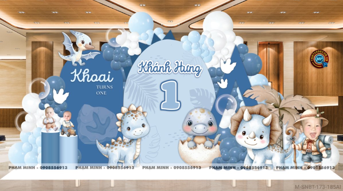 File thiết kế sinh nhật bé trai 1 tuổi chủ đề khủng long decor trang trí bong bóng tone xanh da trời cute dễ thương đáng yêu