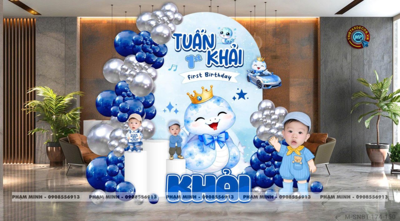 File thiết kế sinh nhật bé trai 1 tuổi rắn tỵ decor trang trí bong bóng tone xanh da trời cute dễ thương đáng yêu