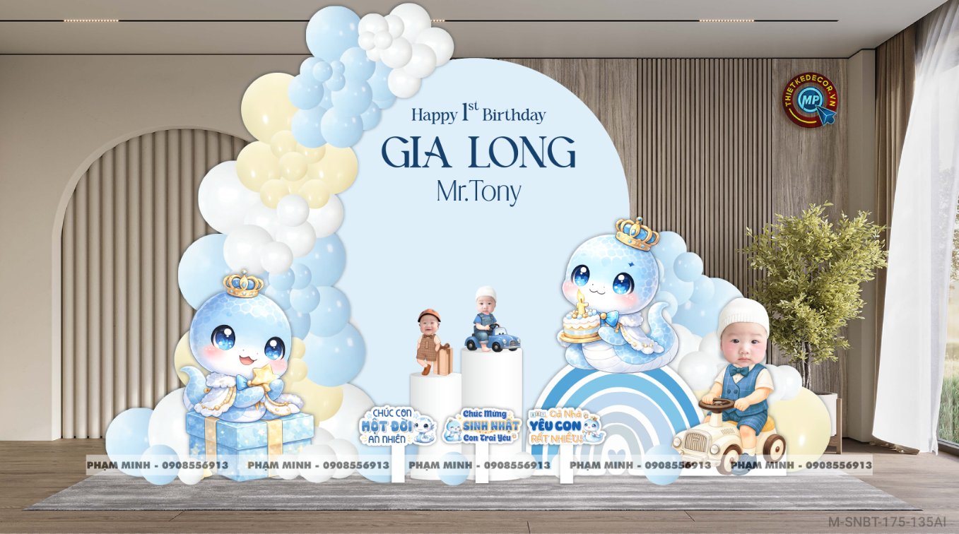 File thiết kế sinh nhật bé trai 1 tuổi rắn tỵ decor trang trí bong bóng tone xanh da trời cute dễ thương đáng yêu
