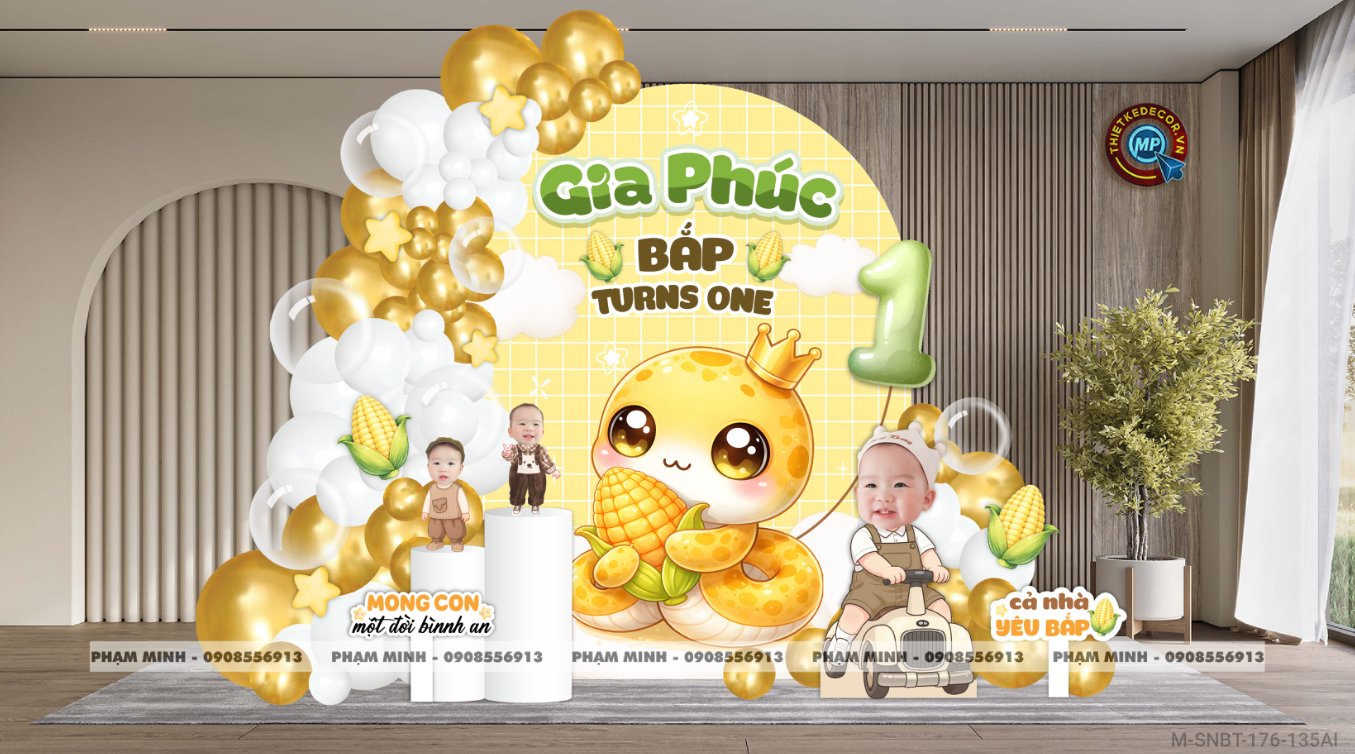File thiết kế sinh nhật bé trai 1 tuổi rắn tỵ chủ đề bắp decor trang trí bong bóng tone xanh vàng cute dễ thương đáng yêu