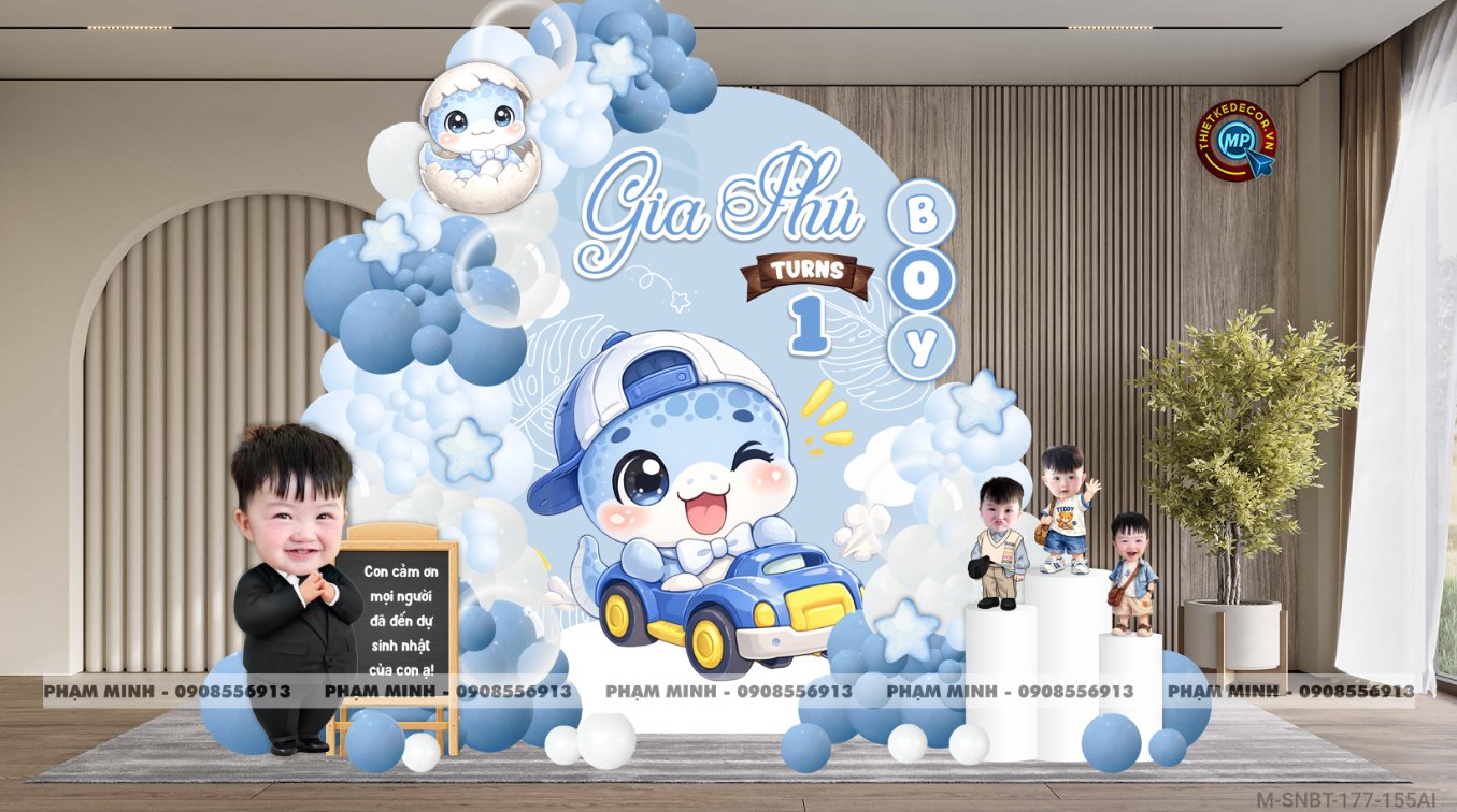 File thiết kế sinh nhật bé trai 1 tuổi rắn tỵ decor trang trí bong bóng tone xanh da trời cute dễ thương đáng yêu