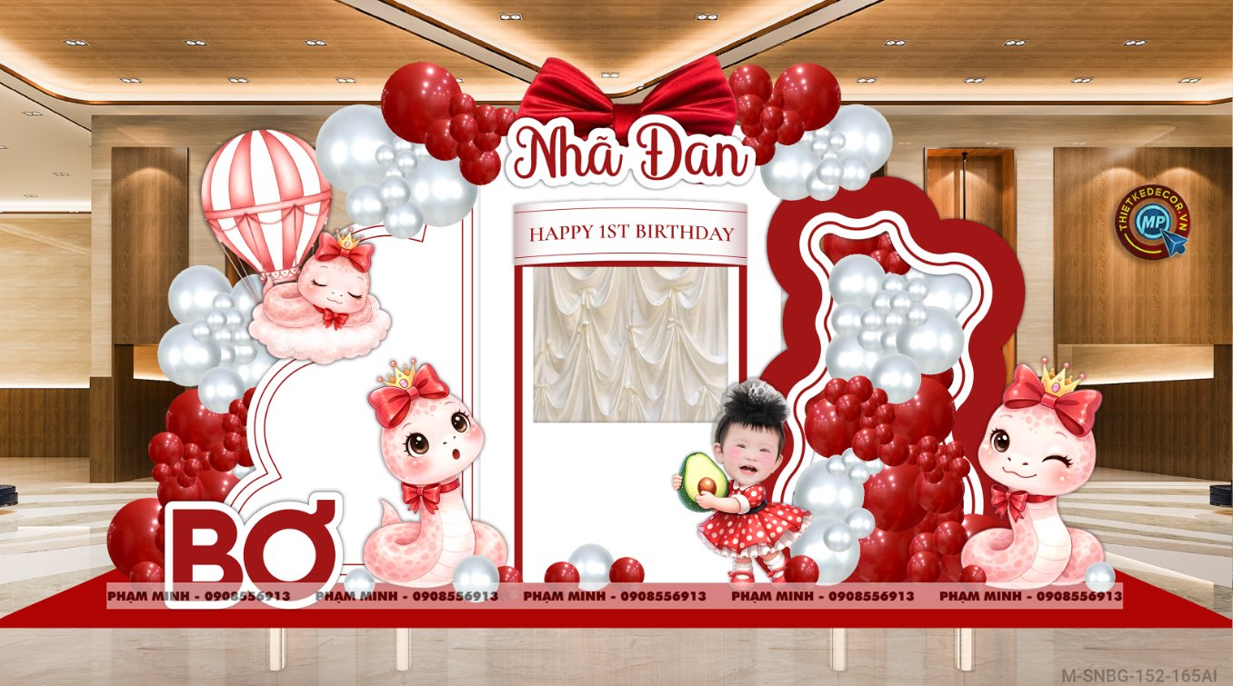 File thiết kế sinh nhật bé gái 1 tuổi rắn tỵ tone đỏ decor trang trí bong bóng đáng yêu dễ thương sang trọng